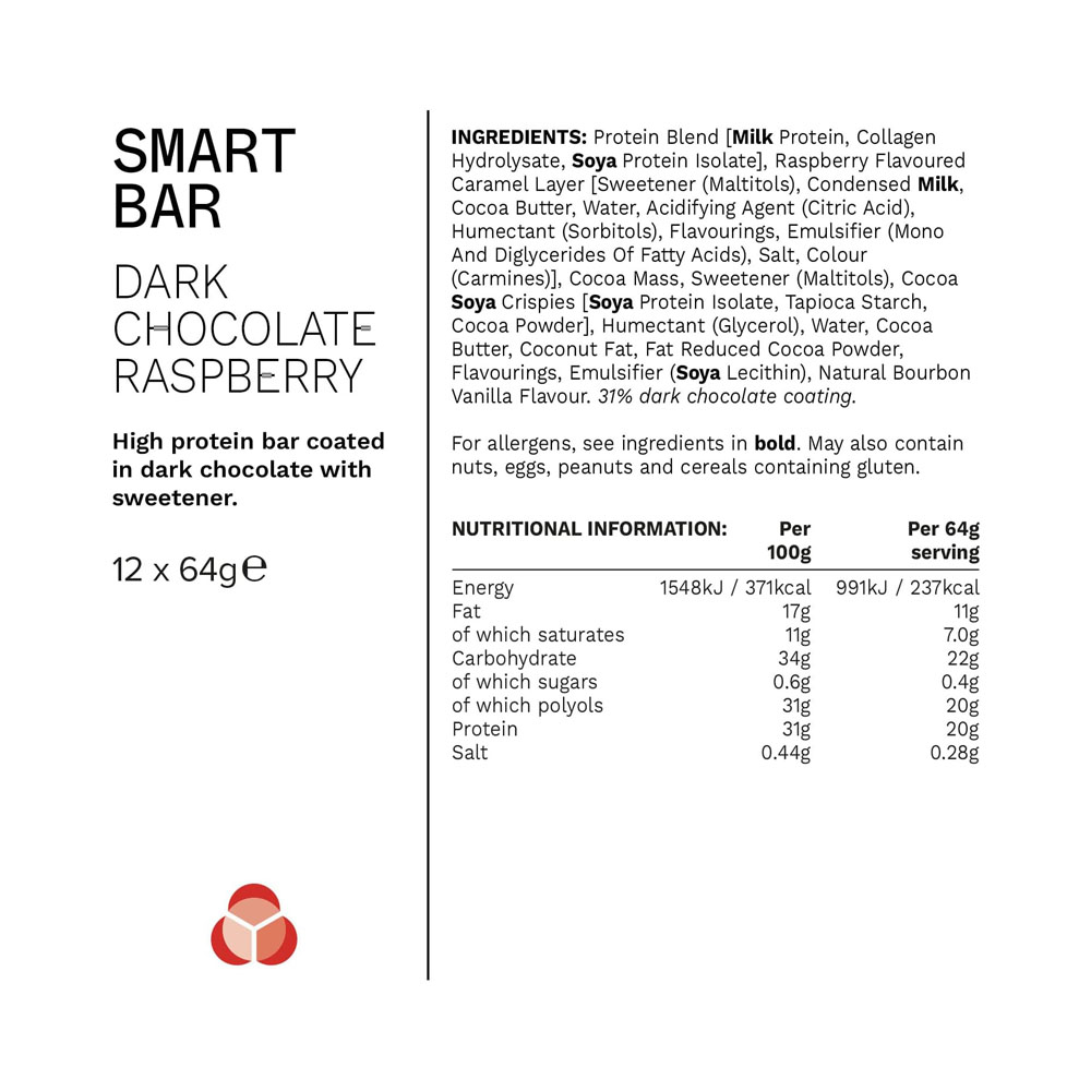 PhD Smart Bar Dark Chocolate Raspberry Bar 64 Grams Pack Of 12