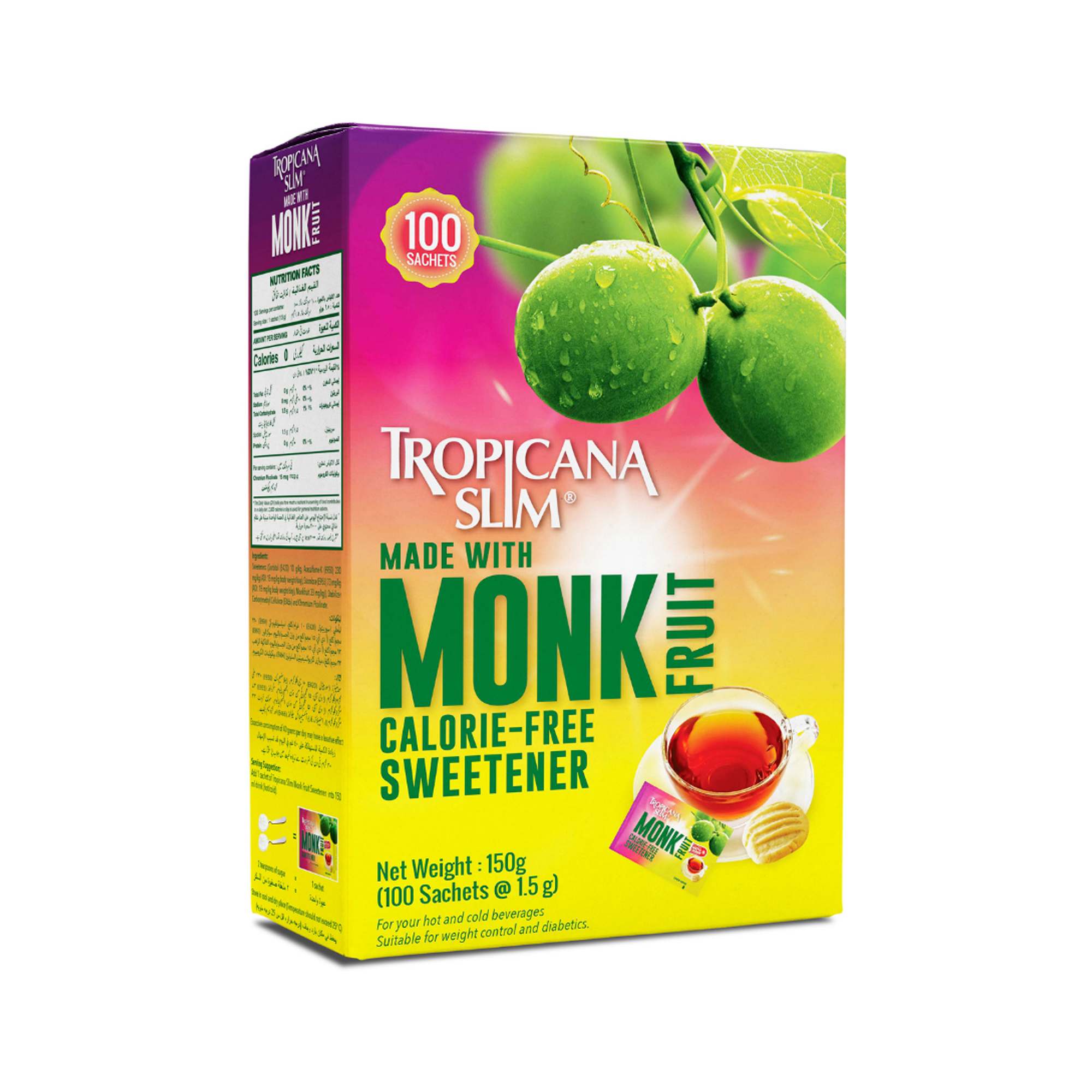 Tropicana Slim Monk Fruit Sweetener With Chromium, 100 Sachets, 1.5 Gram